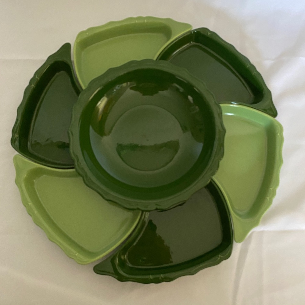 Large Green Vintage Serving Bowl with 6 Dishes